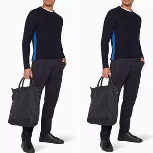 Theory Navy Side Stripe Wool Waffle Knit Sweater